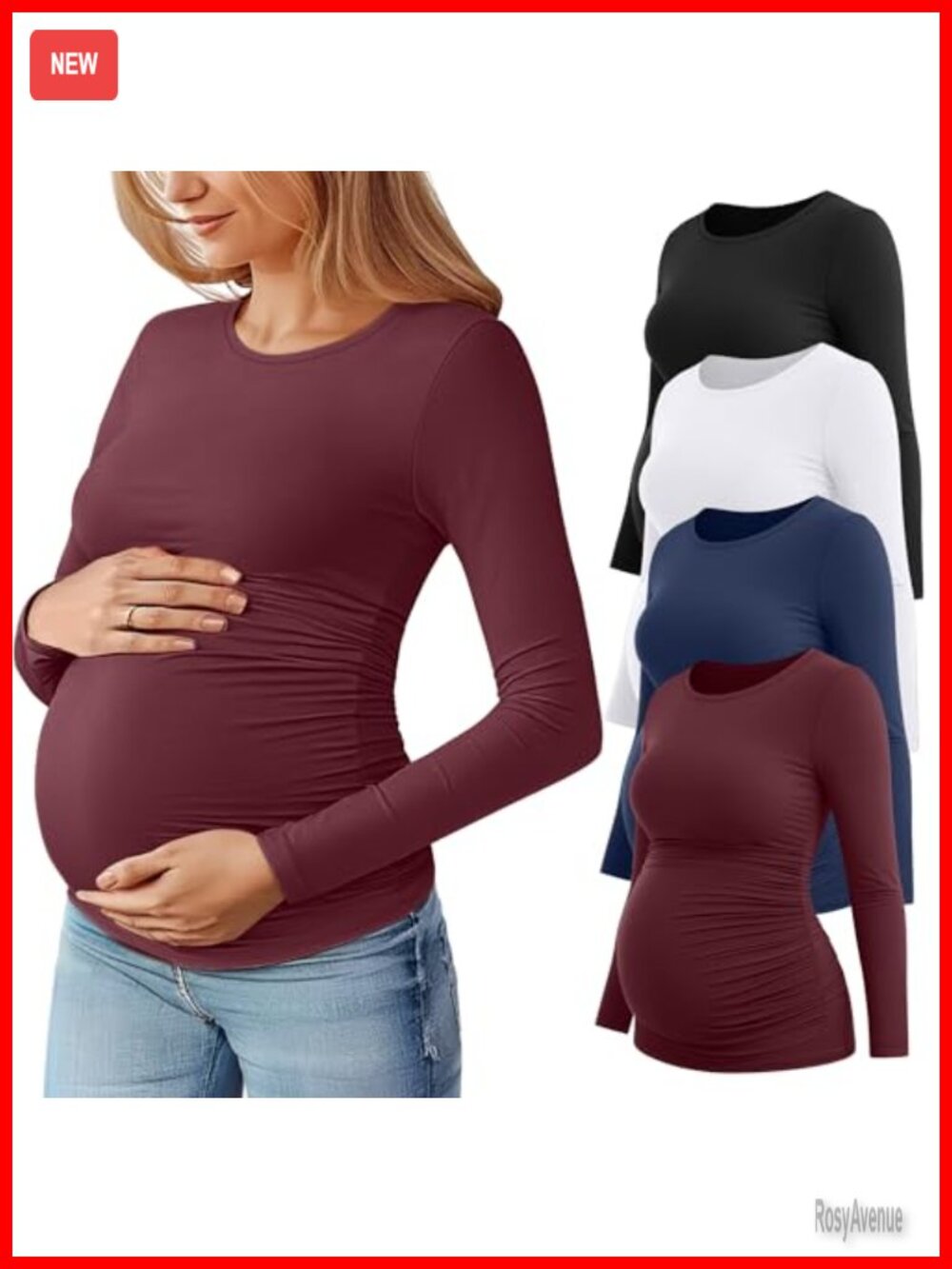 Maternity Long Sleeve T-Shirts Side Ruched Crew Neck Pregnancy Tops 4 Pack